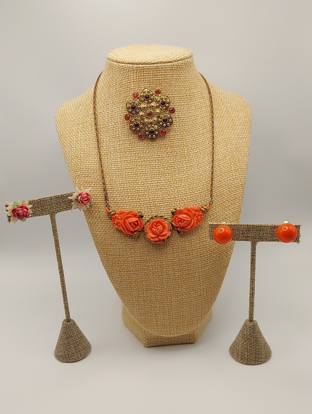 Orange/celluloid LOT vintage faux coral rose necklace, 2 Pr. Vtg Earrings Brooch